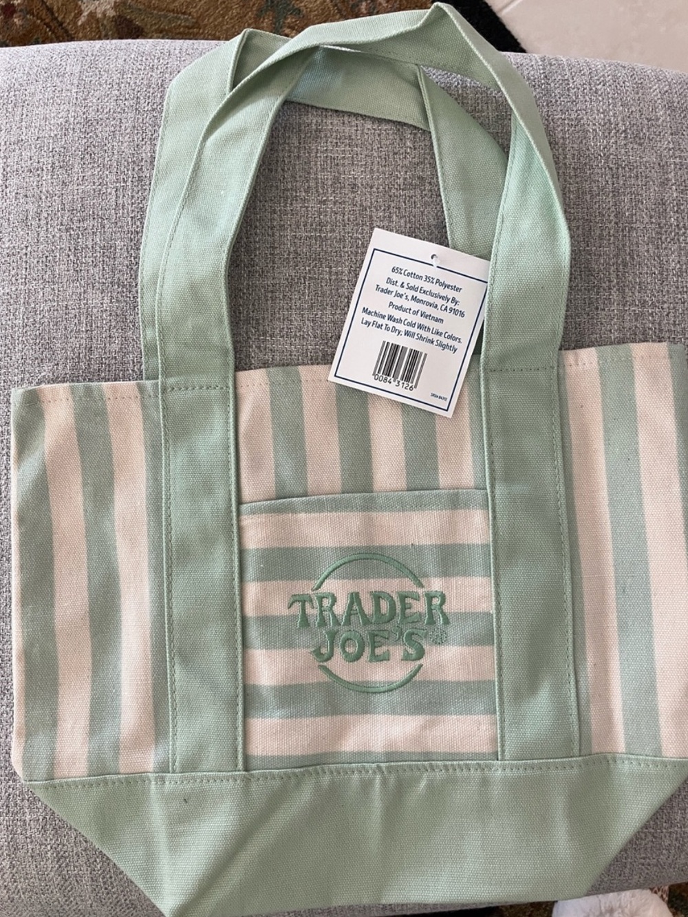 Trader Joe's Green and Cream Striped Mini Tote Bag - Picture 2 of 2